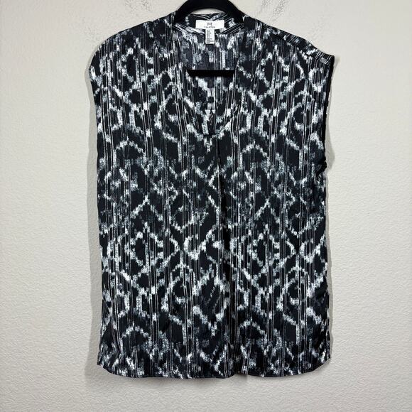 H Halston Small V Neck Shirt Blouse Medina Black Abstract Print Sleeveless - Picture 1 of 7